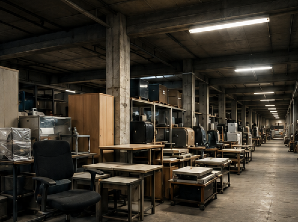 Entrepôt rempli de mobilier professionnel.