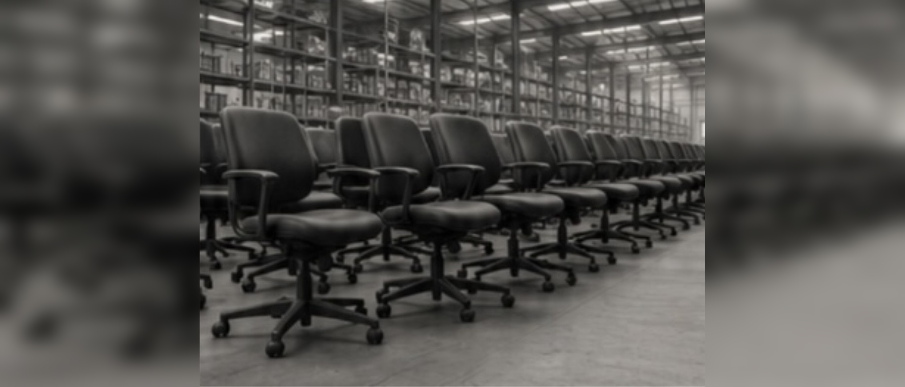 Rangée de chaises de bureau identiques dans un entrepôt.